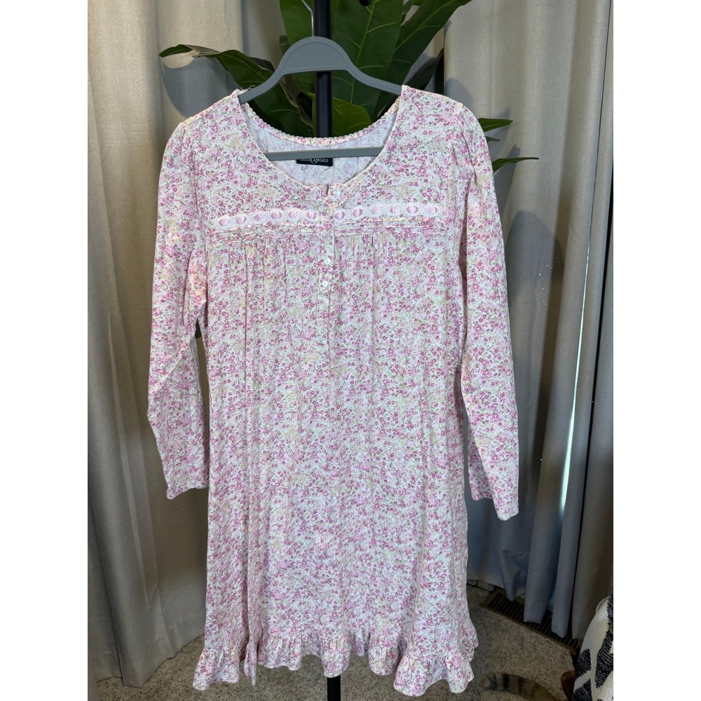 Earth Angels Womens Pink Floral Long Sleeve Nightgown Lace Ruffle Trim L